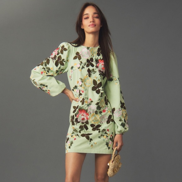 NWT Anthropologie Let Me Be Fully Floral Embroidered Long-Sleeve Mini Dress M - Picture 6 of 17